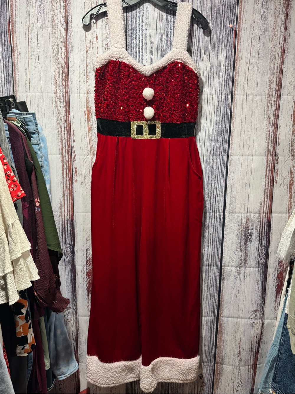 love on a hanger Red Sequin Santa-Inspired Jumpsuit with Faux Fur Trim